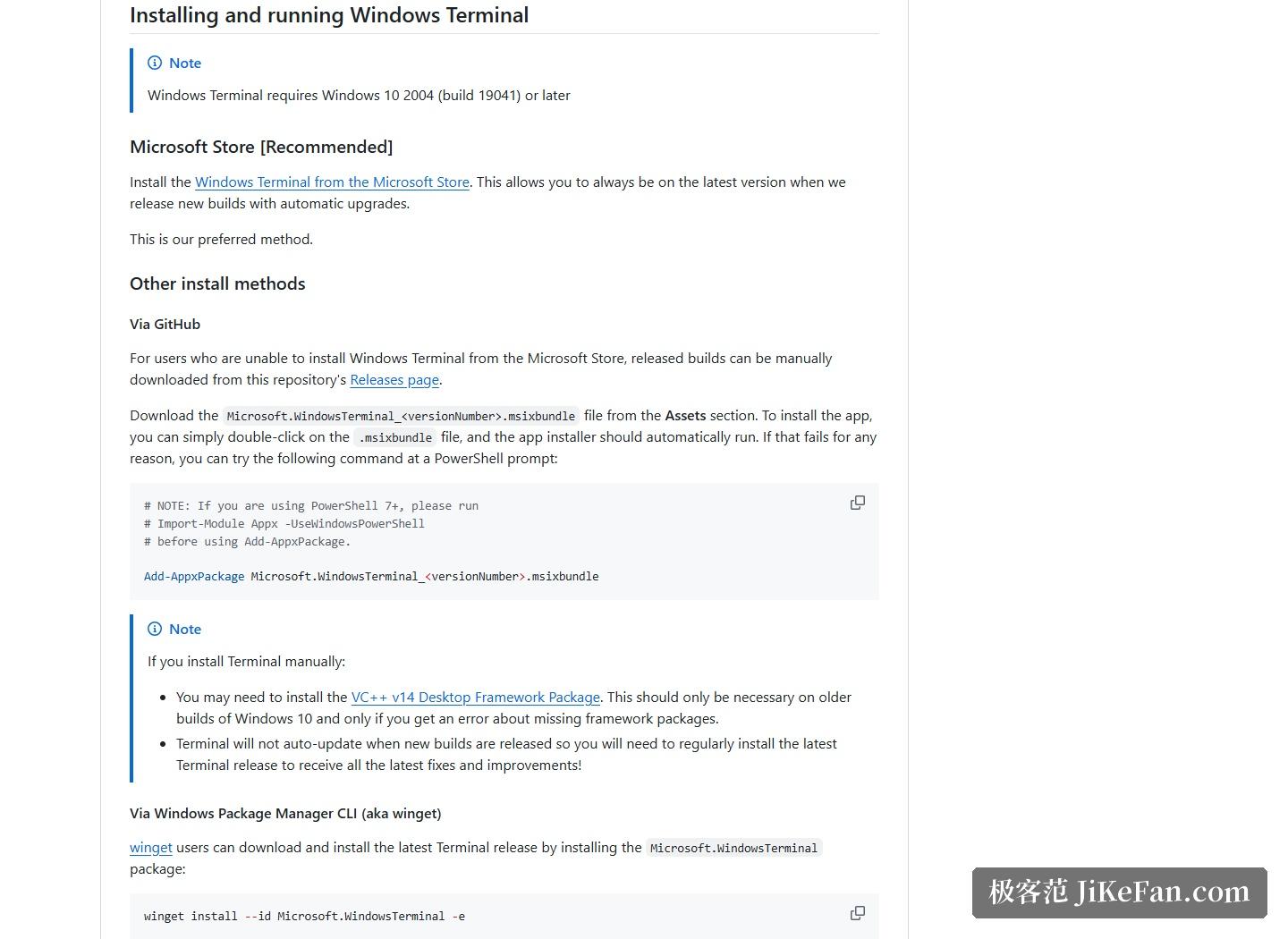 Windows Terminal 官方仓库截图,Installing and running 区块:系统要求、微软商店推荐渠道、msixbundle 手动安装与 winget 命令