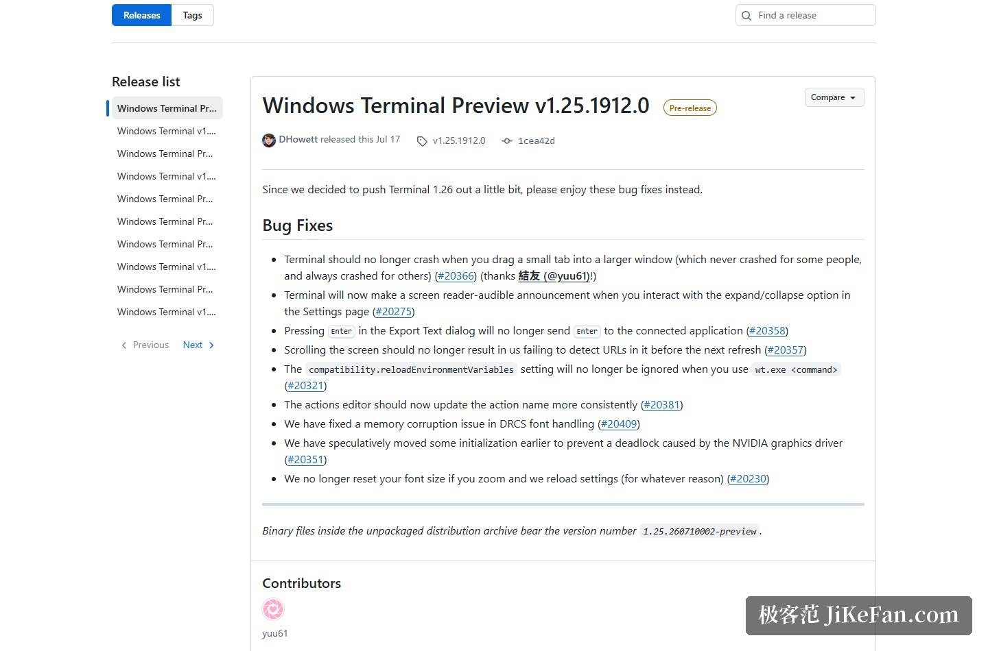 Windows Terminal 官方仓库 Releases 页截图:预览版 v1.25.1912.0 发布说明与 Bug Fixes 列表