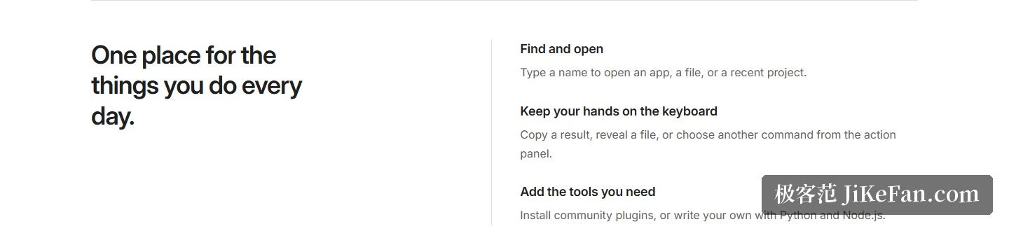 Wox 官网首页「One place for the things you do every day」区段(Find and open、Keep your hands on the keyboard、Add the tools you need 三个使用步骤)