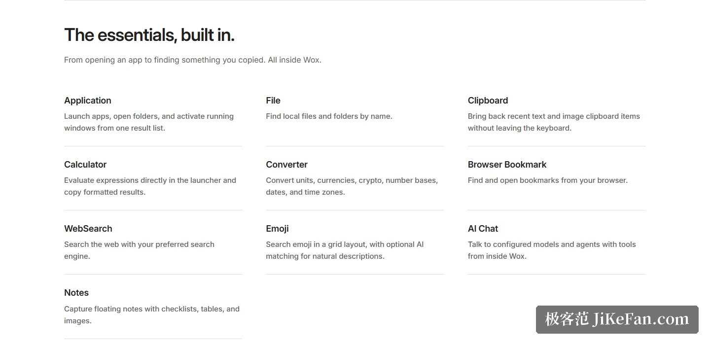 Wox 官网首页「The essentials, built in」区段(Application、File、Clipboard、Calculator、Converter、Browser Bookmark、WebSearch、Emoji、AI Chat、Notes 十项内置能力)