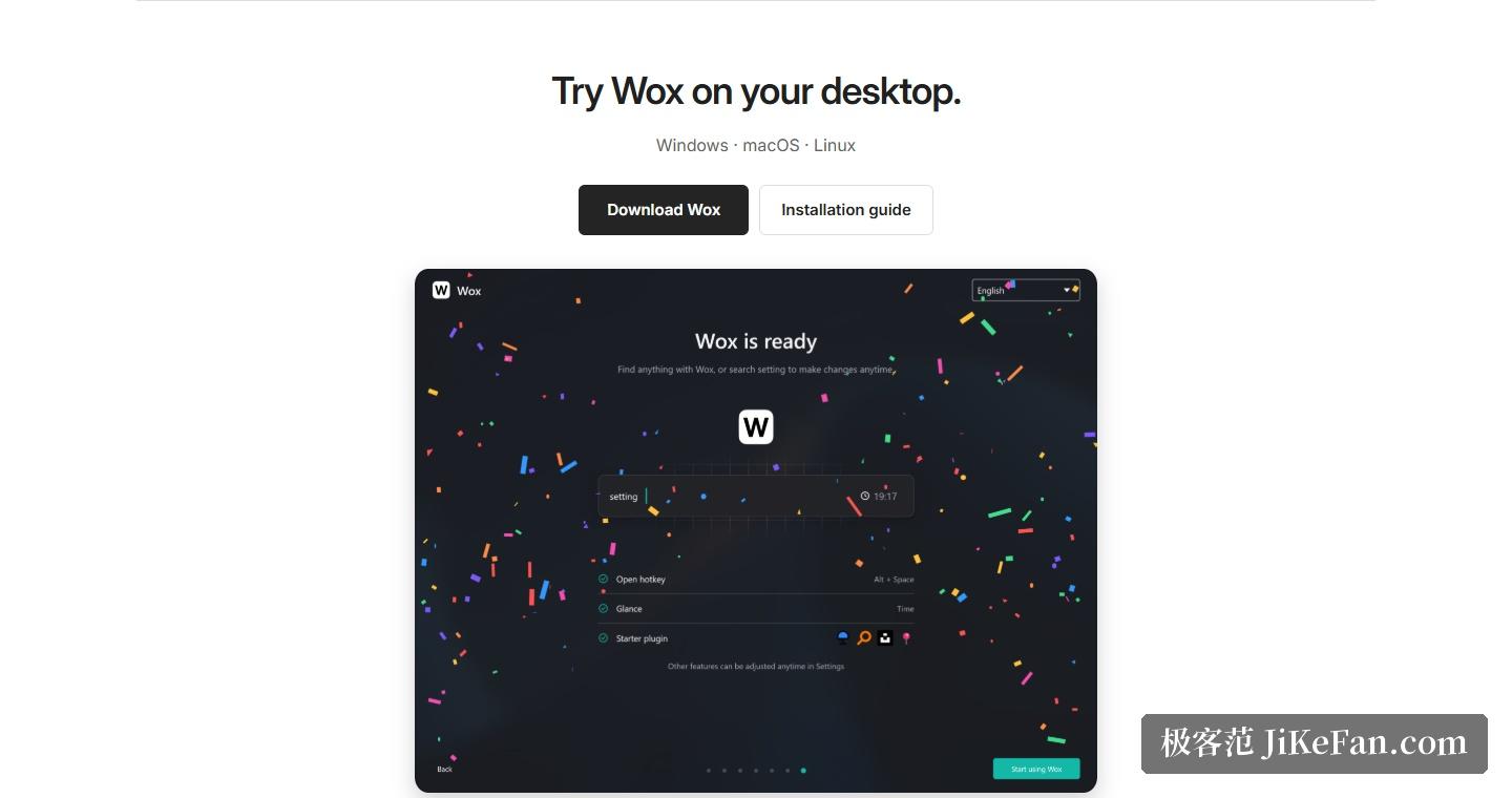 Wox 官网首页「Try Wox on your desktop」区段(Windows · macOS · Linux 三平台下载入口与 Installation guide)