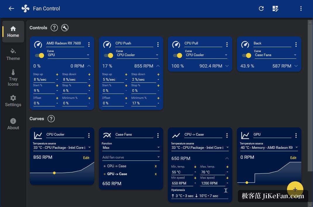 Fan Control 主界面：传感器、控制卡与风扇曲线