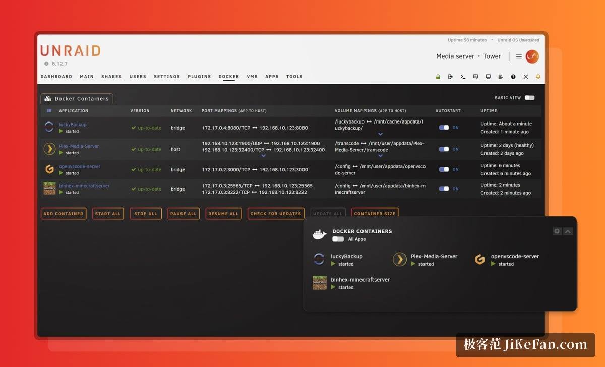 Unraid 的 Docker 容器管理界面