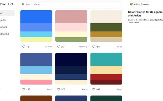 Color Hunt：免费在线配色方案库，一键复制色值