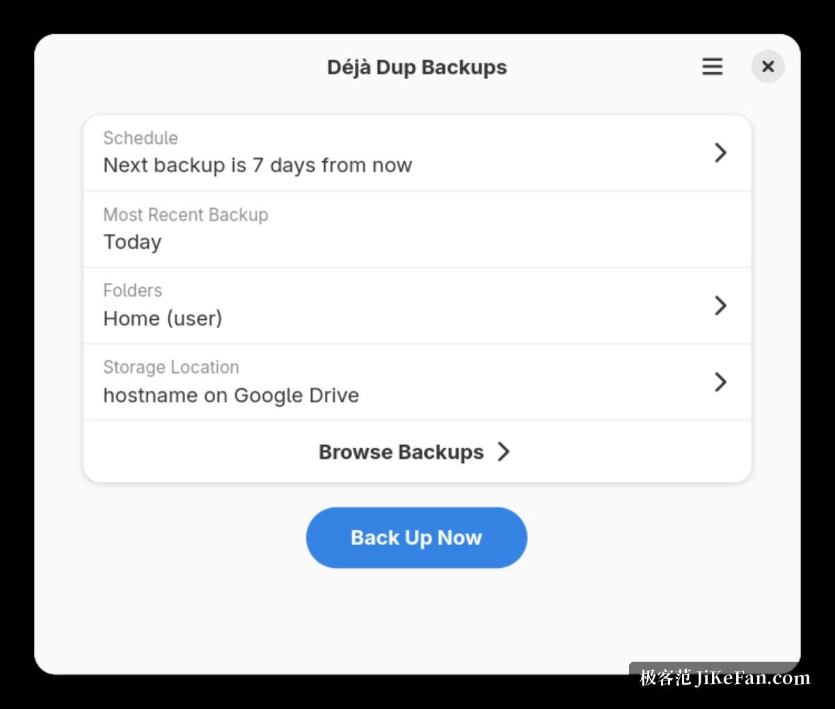 deja dup backup settings window